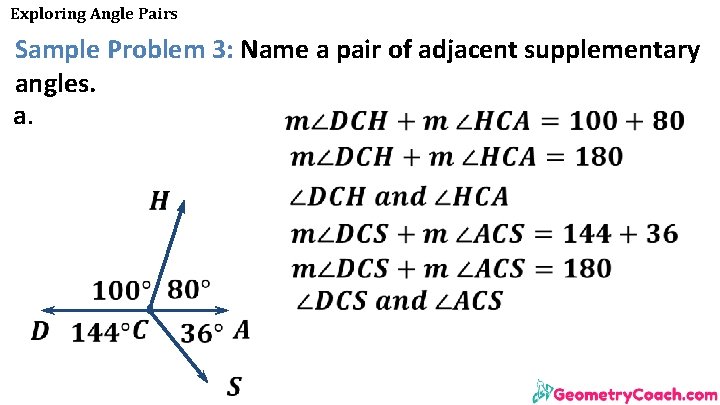 Exploring Angle Pairs Sample Problem 3: Name a pair of adjacent supplementary angles. a. Exploring Angle Pairs Sample Problem 3: Name a pair of adjacent supplementary angles. a.