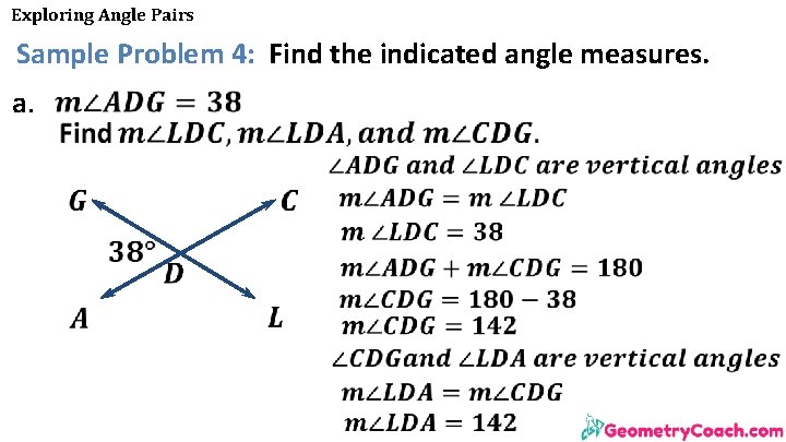 Exploring Angle Pairs Sample Problem 4: Find the indicated angle measures. a. Exploring Angle Pairs Sample Problem 4: Find the indicated angle measures. a.