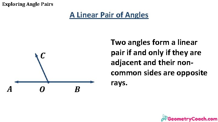Exploring Angle Pairs A Linear Pair of Angles Two angles form a linear pair Exploring Angle Pairs A Linear Pair of Angles Two angles form a linear pair