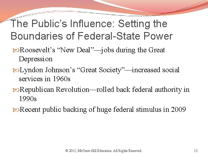 The Public’s Influence: Setting the Boundaries of Federal-State Power Roosevelt’s “New Deal”—jobs during the