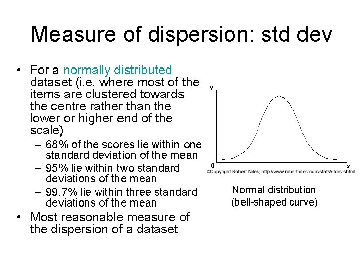 Measure of dispersion: std dev • For a normally distributed dataset (i. e. where