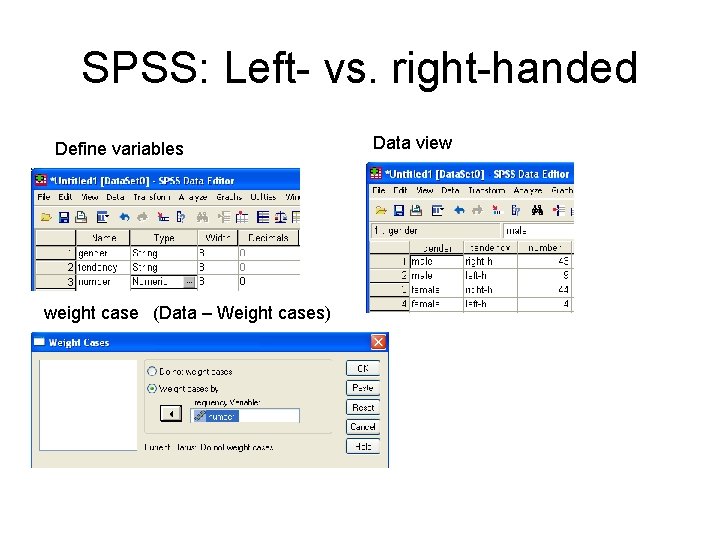 SPSS: Left- vs. right-handed Define variables weight case (Data – Weight cases) Data view