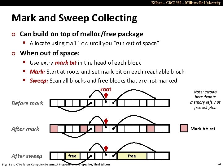 Killian – CSCI 380 – Millersville University Mark and Sweep Collecting ¢ Can build