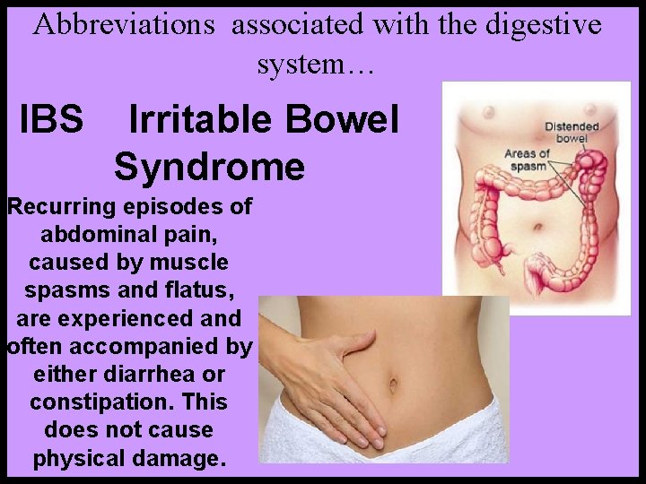 Abbreviations associated with the digestive system… IBS Irritable Bowel Syndrome Recurring episodes of abdominal