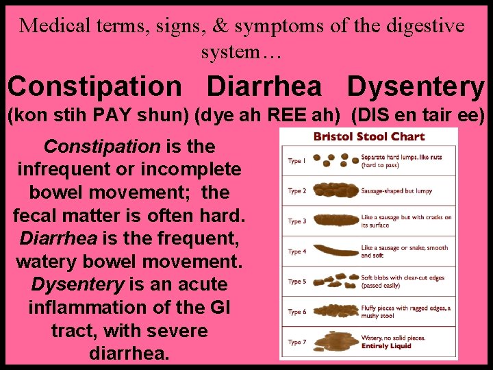 Medical terms, signs, & symptoms of the digestive system… Constipation Diarrhea Dysentery (kon stih