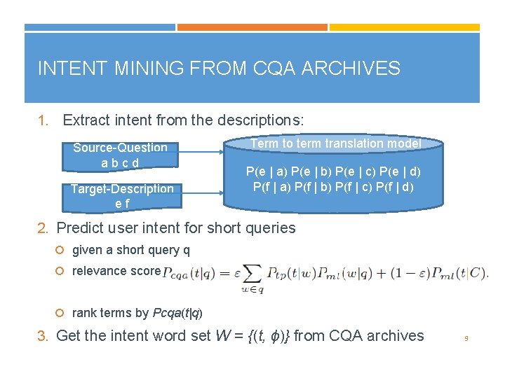 INTENT MINING FROM CQA ARCHIVES 1. Extract intent from the descriptions: Source-Question abcd Target-Description