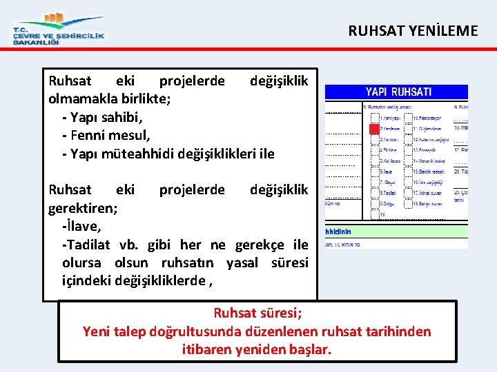 RUHSAT YENİLEME Ruhsat eki projelerde değişiklik olmamakla birlikte; Yapı sahibi, Fenni mesul, Yapı müteahhidi