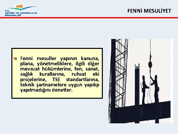 FENNİ MESULİYET Fenni mesuller yapının kanuna, plana, yönetmeliklere, ilgili diğer mevzuat hükümlerine, fen, sanat,