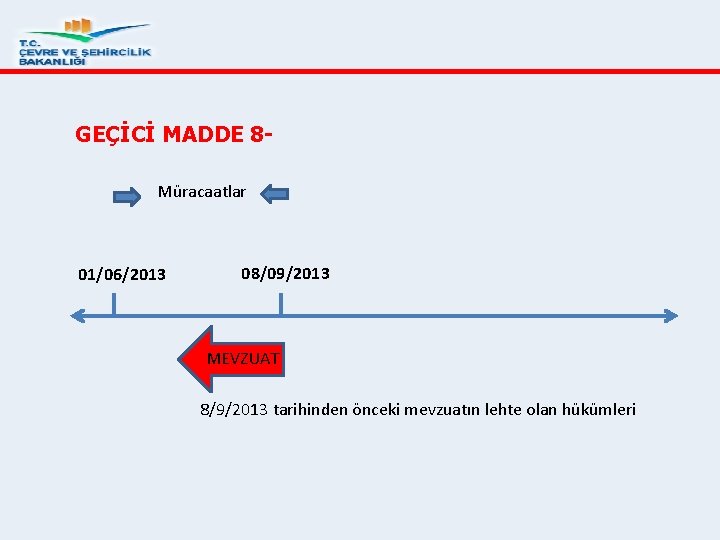 GEÇİCİ MADDE 8 Müracaatlar 01/06/2013 08/09/2013 MEVZUAT 8/9/2013 tarihinden önceki mevzuatın lehte olan hükümleri