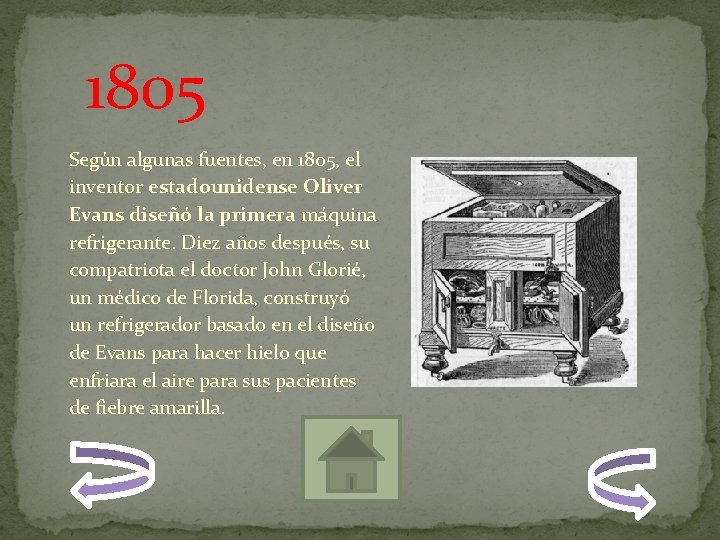  1805 Según algunas fuentes, en 1805, el inventor estadounidense Oliver Evans diseñó la