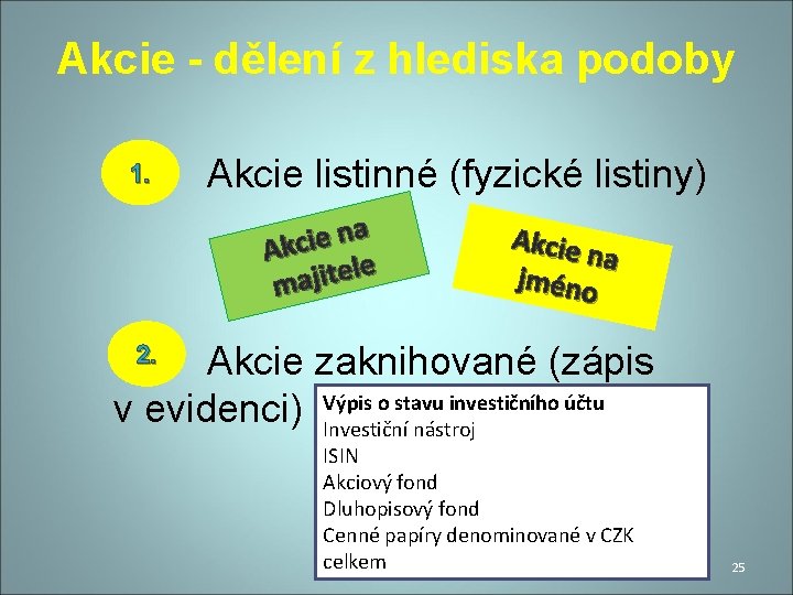 Akcie - dělení z hlediska podoby 1. Akcie listinné (fyzické listiny) a n e