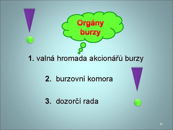 Orgány burzy 1. valná hromada akcionářů burzy 2. burzovní komora 3. dozorčí rada 39