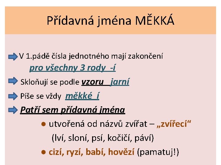 Přídavná jména MĚKKÁ V 1. pádě čísla jednotného mají zakončení pro všechny 3 rody