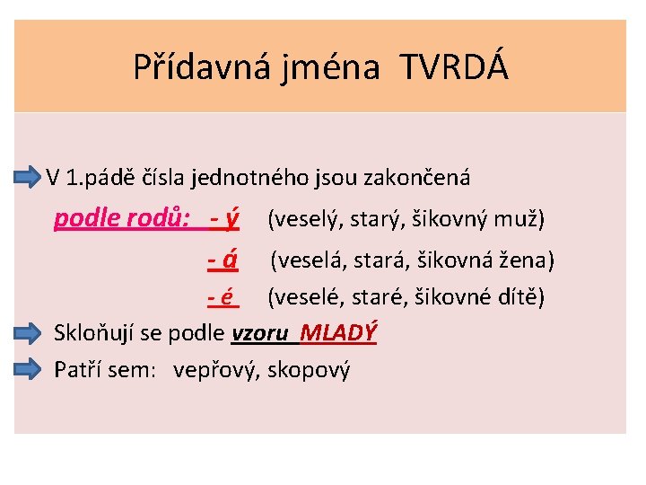 Přídavná jména TVRDÁ V 1. pádě čísla jednotného jsou zakončená podle rodů: - ý