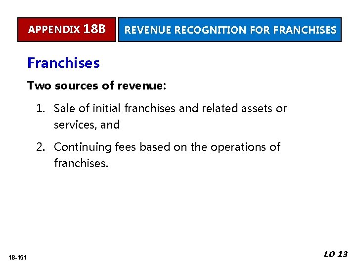 APPENDIX 18 B REVENUE RECOGNITION FOR FRANCHISES Franchises Two sources of revenue: 1. Sale