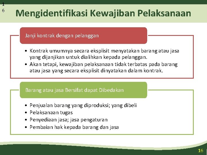 1 6 Mengidentifikasi Kewajiban Pelaksanaan Janji kontrak dengan pelanggan • Kontrak umumnya secara eksplisit