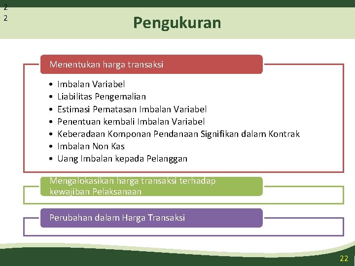 2 2 Pengukuran Menentukan harga transaksi • • Imbalan Variabel Liabilitas Pengemalian Estimasi Pematasan