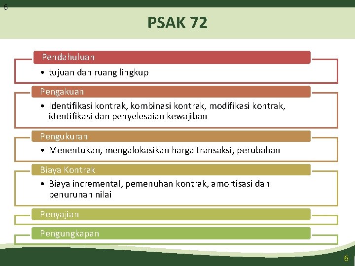 6 PSAK 72 Pendahuluan • tujuan dan ruang lingkup Pengakuan • Identifikasi kontrak, kombinasi