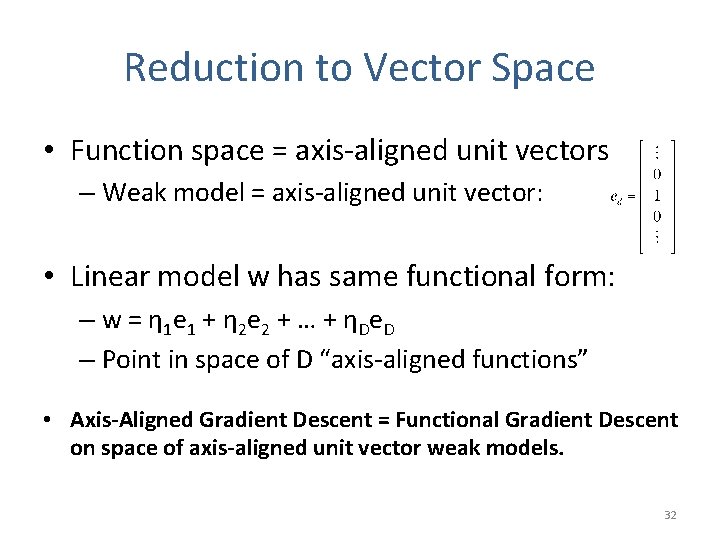 Reduction to Vector Space • Function space = axis-aligned unit vectors – Weak model