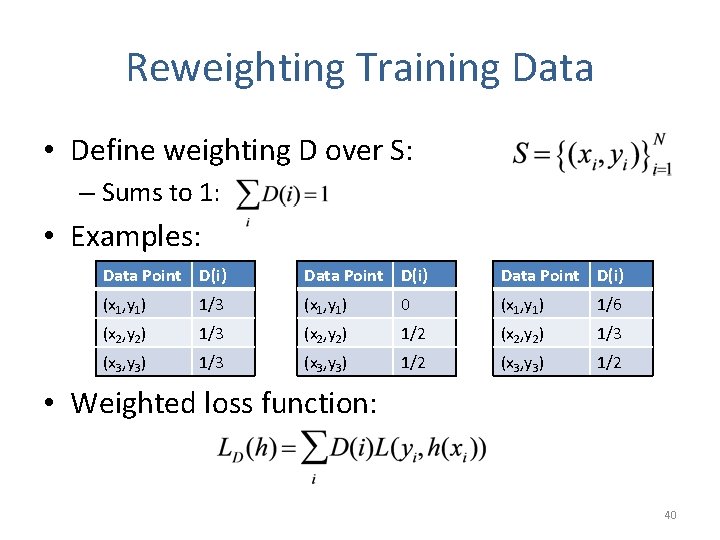 Reweighting Training Data • Define weighting D over S: – Sums to 1: •