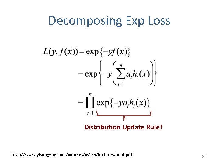 Decomposing Exp Loss Distribution Update Rule! http: //www. yisongyue. com/courses/cs 155/lectures/msri. pdf 54 