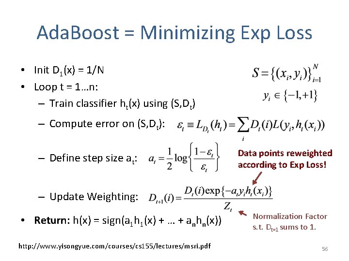 Ada. Boost = Minimizing Exp Loss • Init D 1(x) = 1/N • Loop