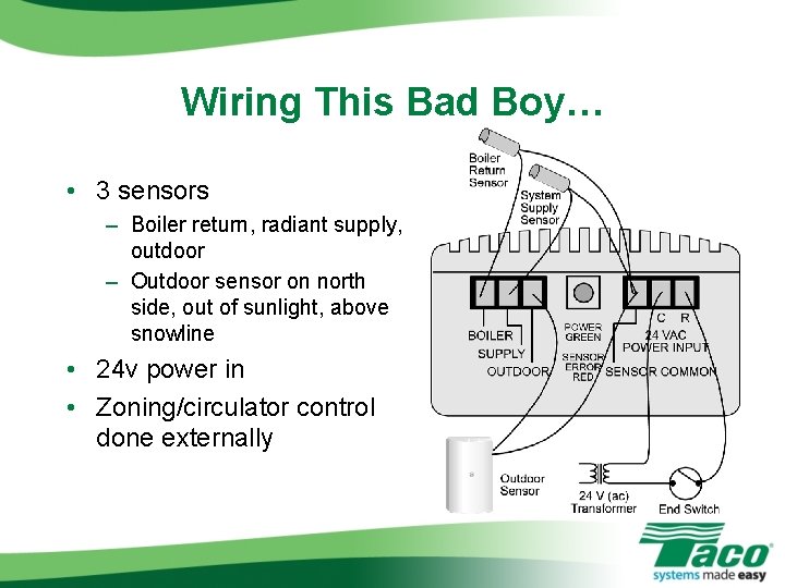 Wiring This Bad Boy… • 3 sensors – Boiler return, radiant supply, outdoor – Wiring This Bad Boy… • 3 sensors – Boiler return, radiant supply, outdoor –