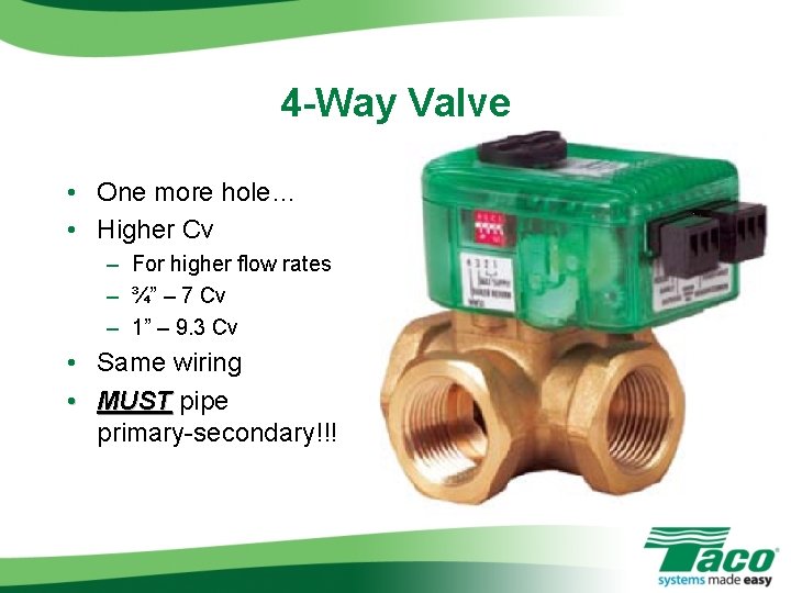 4 -Way Valve • One more hole… • Higher Cv – For higher flow 4 -Way Valve • One more hole… • Higher Cv – For higher flow