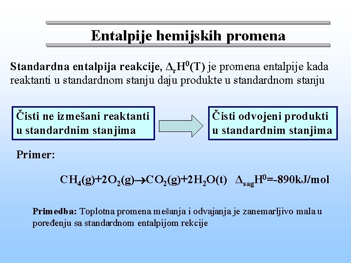 Entalpije hemijskih promena Standardna entalpija reakcije, Δr. H 0(T) je promena entalpije kada reaktanti