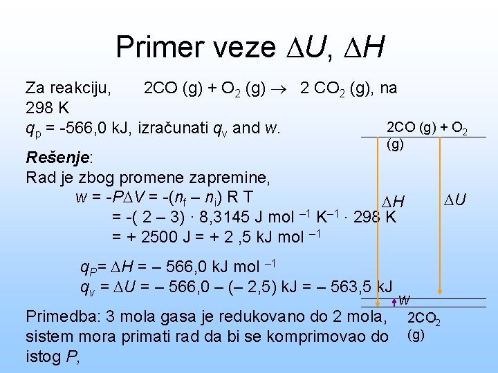 Primer veze U, H Za reakciju, 2 CO (g) + O 2 (g) 2