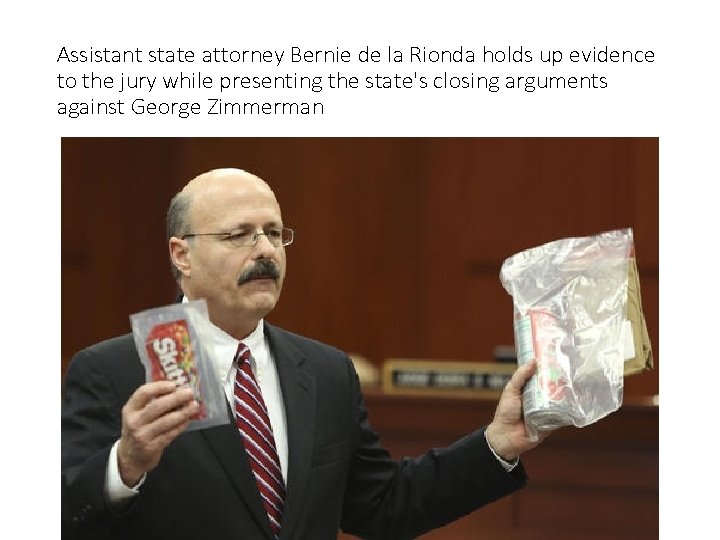 Assistant state attorney Bernie de la Rionda holds up evidence to the jury while