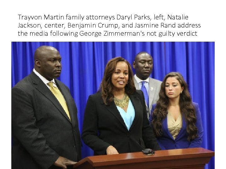 Trayvon Martin family attorneys Daryl Parks, left, Natalie Jackson, center, Benjamin Crump, and Jasmine