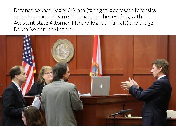 Defense counsel Mark O'Mara (far right) addresses forensics animation expert Daniel Shumaker as he