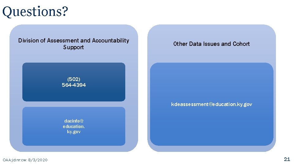 Questions? Division of Assessment and Accountability Support Other Data Issues and Cohort (502) 564