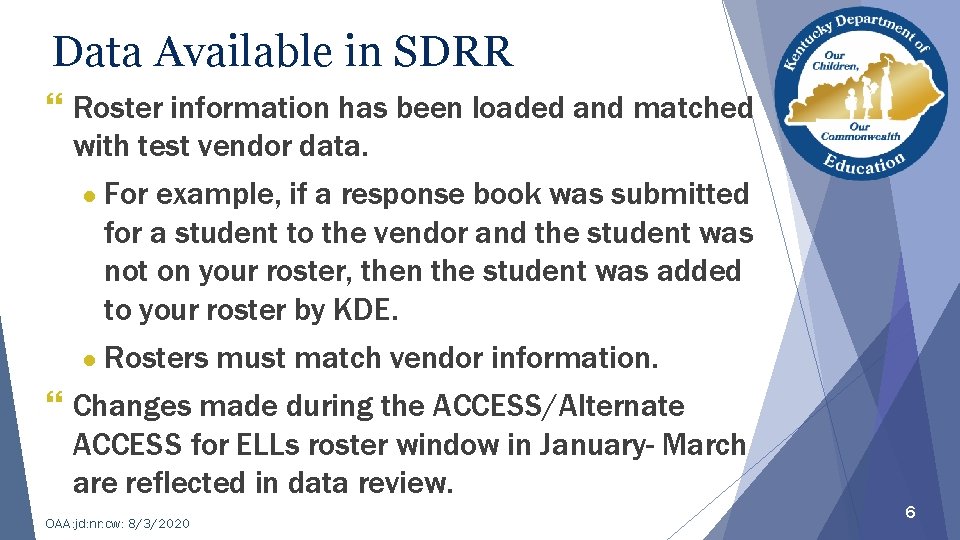 Data Available in SDRR } Roster information has been loaded and matched with test