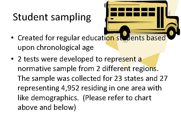 Student sampling • Created for regular education students based upon chronological age • 2
