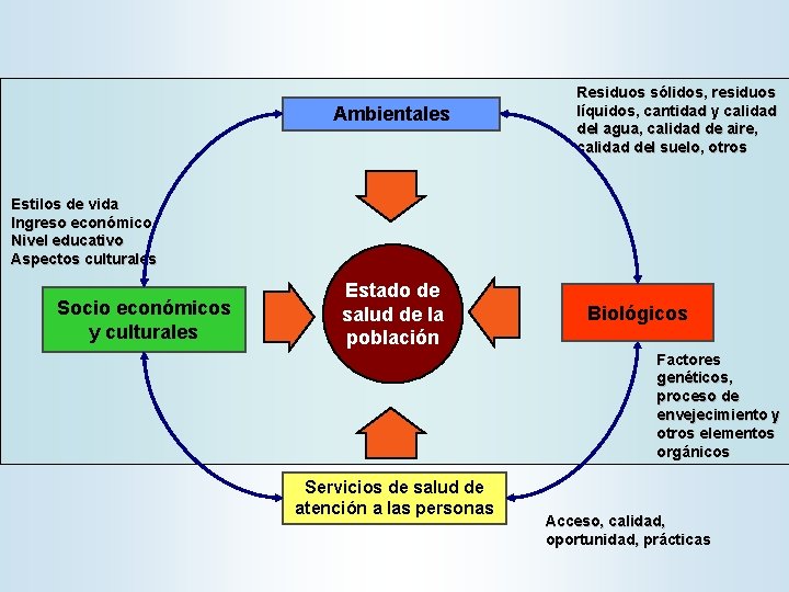 Ambientales Residuos sólidos, residuos líquidos, cantidad y calidad del agua, calidad de aire, calidad