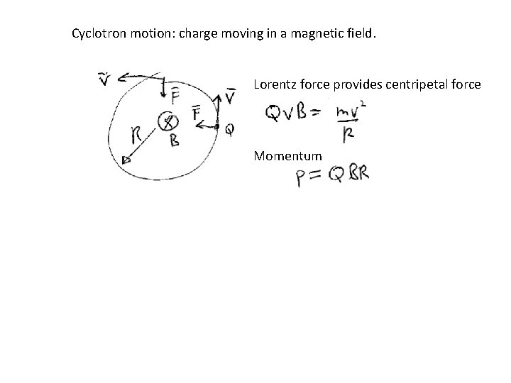 Cyclotron motion: charge moving in a magnetic field. Lorentz force provides centripetal force Momentum