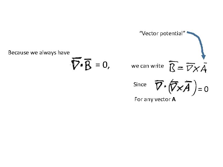 “Vector potential” Because we always have = 0, we can write Since For any