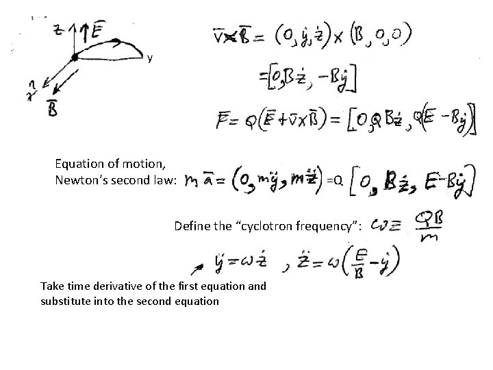 y Equation of motion, Newton’s second law: =Q Define the “cyclotron frequency”: Take time