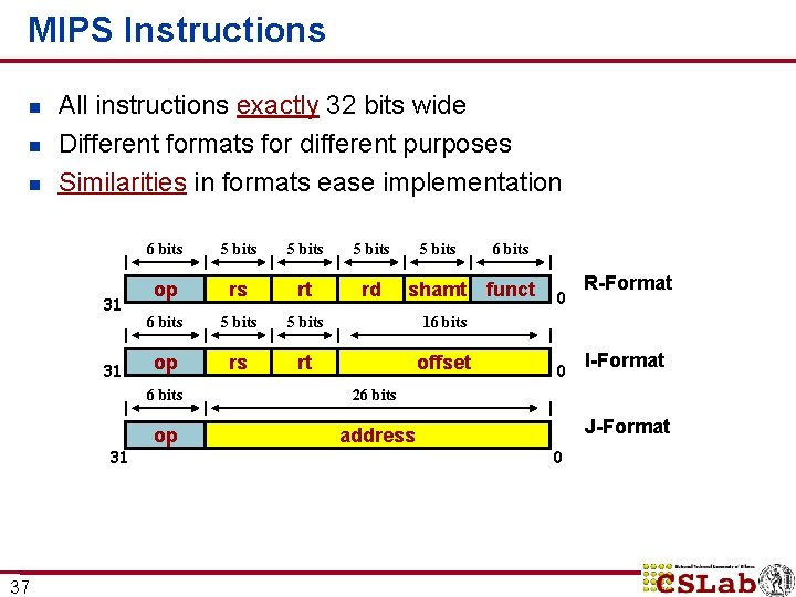 MIPS Instructions n n n All instructions exactly 32 bits wide Different formats for