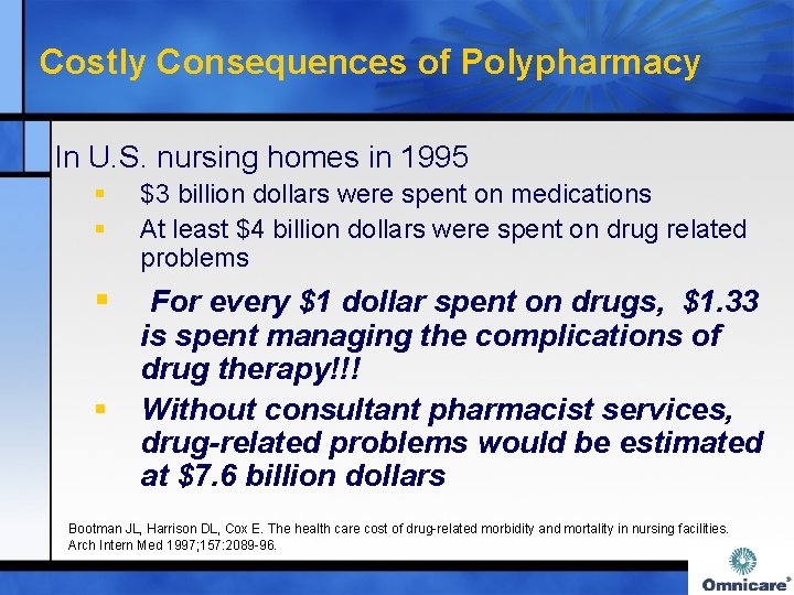 Costly Consequences of Polypharmacy In U. S. nursing homes in 1995 § § $3