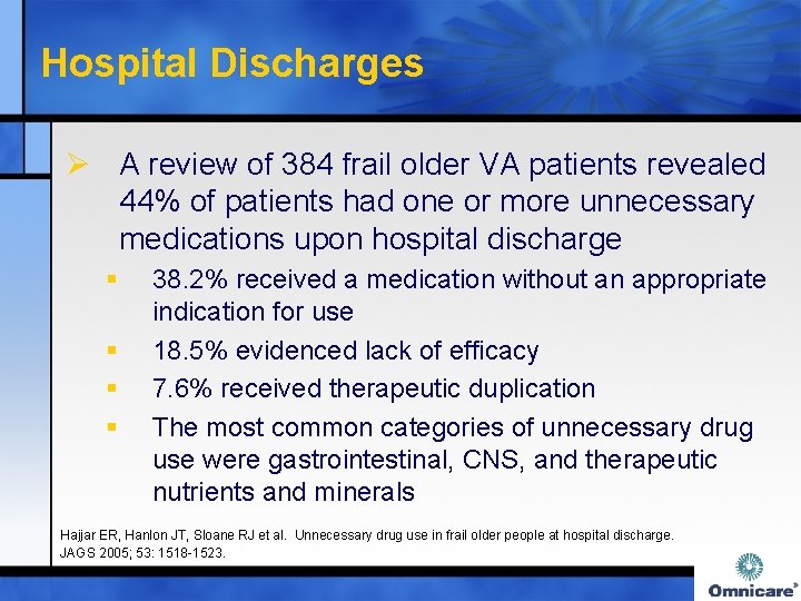 Hospital Discharges Ø A review of 384 frail older VA patients revealed 44% of