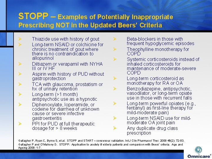 STOPP – Examples of Potentially Inappropriate Prescribing NOT in the Updated Beers’ Criteria Ø