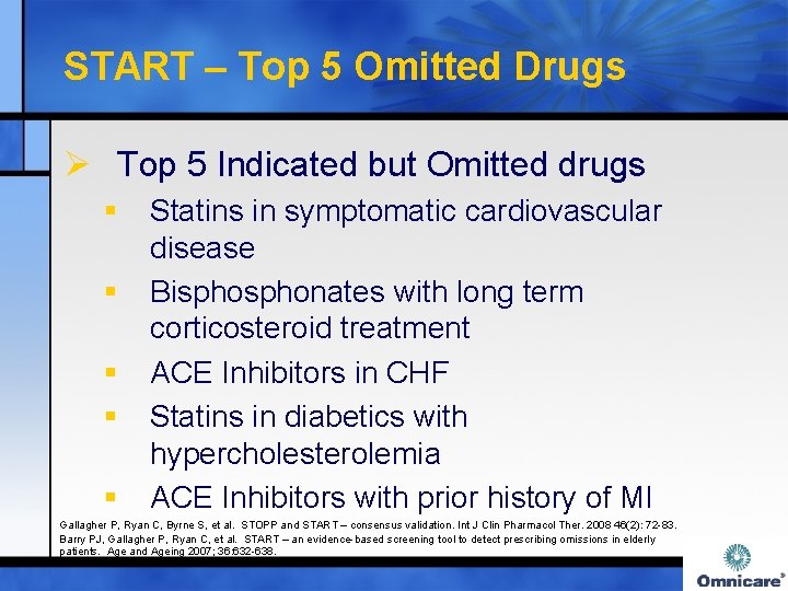 START – Top 5 Omitted Drugs Ø Top 5 Indicated but Omitted drugs §