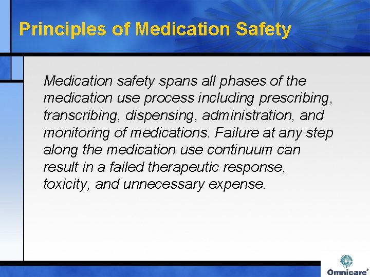Principles of Medication Safety Medication safety spans all phases of the medication use process