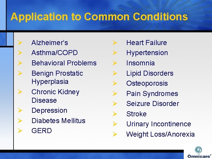 Application to Common Conditions Ø Ø Ø Ø Alzheimer’s Asthma/COPD Behavioral Problems Benign Prostatic