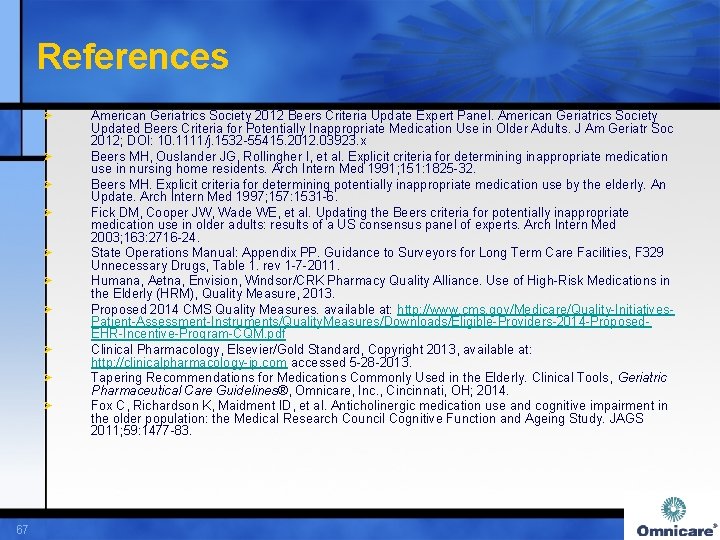 References Ø Ø Ø Ø Ø 67 American Geriatrics Society 2012 Beers Criteria Update