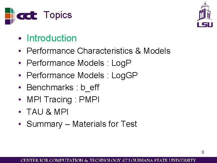 Topics • Introduction • • Performance Characteristics & Models Performance Models : Log. P