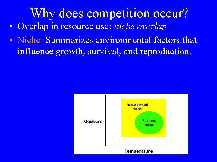 Why does competition occur? • Overlap in resource use: niche overlap • Niche: Summarizes